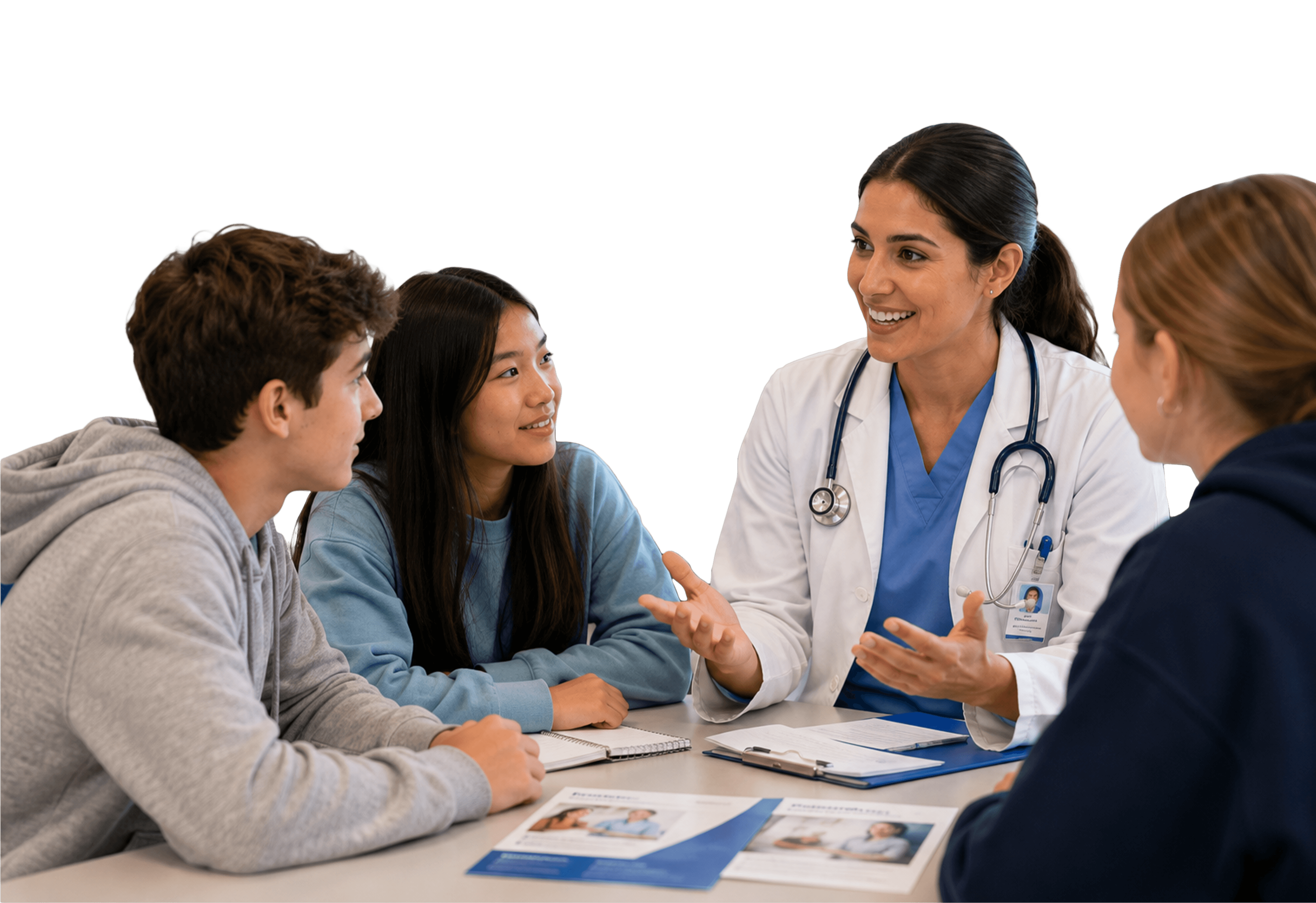 A healthcare professional talking with students